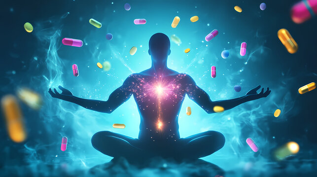 Conceptual representation of supplements with energy streams flowing in balance, visualizing minerals harmonizing the body. Harmonic Energy Constructs. Illustration