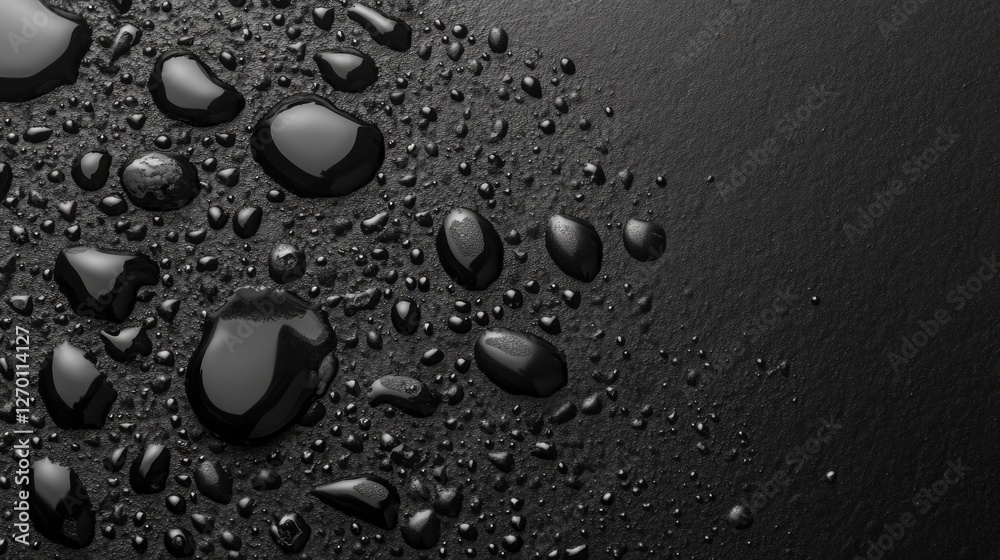 Poster delicate water droplets perch on a polished black surface, reflecting light in an enchanting display