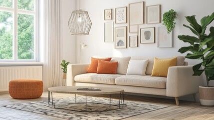 A modern living room with a gallery wall of framed family pictures, creating a warm and inviting space