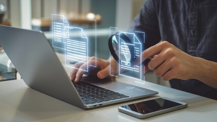Person using laptop and magnifying glass to review documents