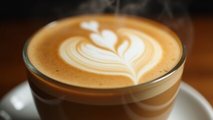 "A detailed visual of creamy latte foam, showcasing its velvety texture, golden swirls, and steam rising in soft light, evoking warmth and richness."