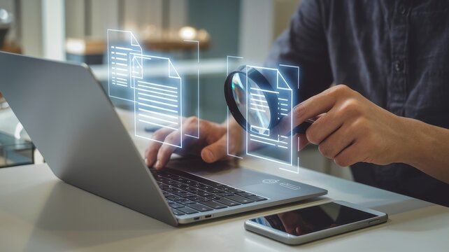 Person using laptop and magnifying glass to review documents