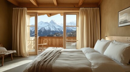 Fototapeta premium A neatly designed bedroom with soft curtains, plush textiles, and a medium-sized bed for comfort