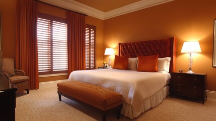 A neatly arranged master bedroom with a perfectly sized bed for two, elegant nightstands, and warm lighting