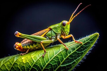 Selective focus highlights a green-leafed grasshopper in an urban exploration macro shot, a tiny world against black.