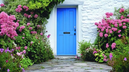 A picturesque front yard with a stone path leading to a bright blue door, surrounded by lush flowers
