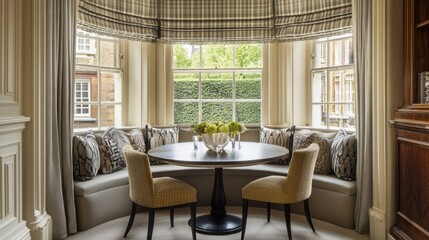 Fototapeta premium A round dining table in a bay window nook, surrounded by natural light and soft cushions