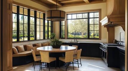 A round dining table set in a cozy kitchen nook, surrounded by comfortable seating for easy conversation
