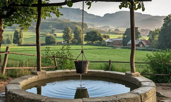 A traditional stone well in green fields evokes tranquility and beauty.
