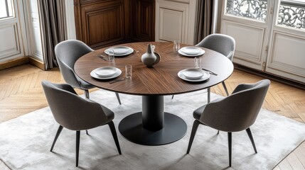 A round dining table with wooden accents, set for a warm and inviting family meal