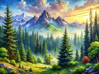 Serene AI art depicts a lush watercolor forest, majestic mountains, and pine trees.