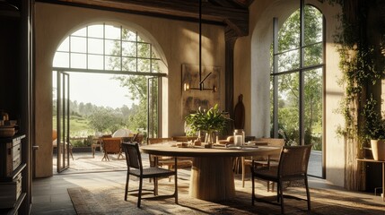 Obraz premium A rustic farmhouse dining room with a round wooden table, cozy decor, and warm natural lighting