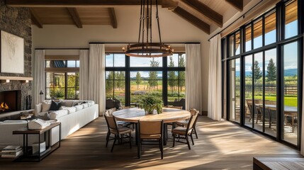 A rustic farmhouse dining room with a round wooden table, cozy decor, and warm natural lighting