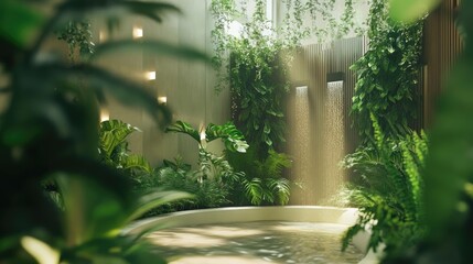 A serene indoor garden space with a wall-mounted water feature, lush greenery, and balanced decor