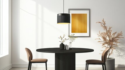 A sleek and modern dining area with a black round table, minimalist decor, and pendant lighting