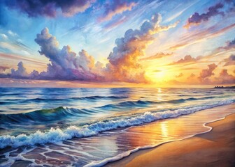 Serene beach sunset, painted in watercolor. Gentle waves, tranquil ocean, coastal art.