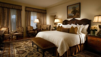 A stylish and tranquil master bedroom with a well-proportioned bed, rounded decor pieces, and a cozy ambiance