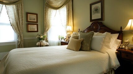 A stylish and tranquil master bedroom with a well-proportioned bed, rounded decor pieces, and a cozy ambiance