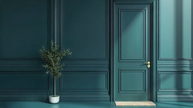 A stylish apartment entrance with a deep teal door, brass hardware, and a simple welcome mat