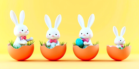 Obraz premium four white easter bunnies in cracked eggshells