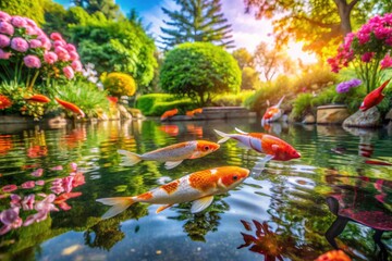 Serene koi pond: high-res image showcases tranquil water, blooming flowers, and lush greenery.