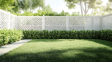 Serene Backyard Oasis: White Lattice Fence, Lush Greenery, and Sun-Drenched Lawn