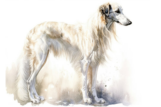 Russian borzoi in front of a white background., watercolor style, Generative AI