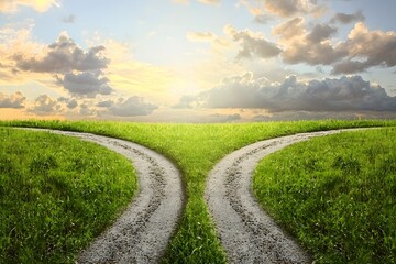 Paths Diverging: Two pathways split, symbolizing choices, decisions, and the crossroads of life, with vibrant green fields under a dramatic sky.