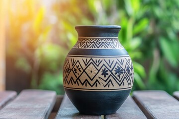 Handcrafted Traditional Clay Pot with Intricate Patterns on Wooden Surface in Natural Light