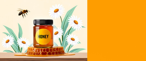 honey jar on honeycomb with daisies and bee