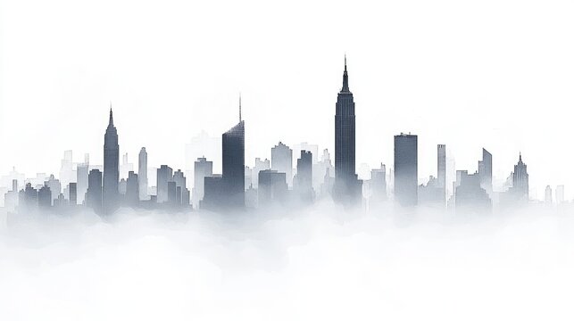 Foggy city skyline, urban landscape, misty morning, atmospheric view, ideal for travel brochures
