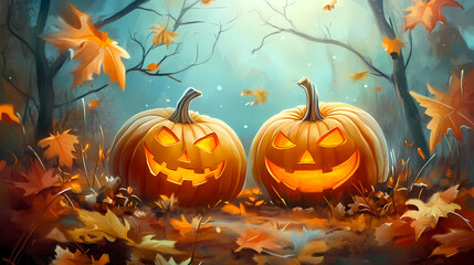 Halloween pumpkins - halloween pumpkins background - fall season maple leaves background - pumpkins effect. Temporal Warlocks. Illustration