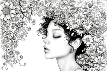 Portrait beautiful girl with flower. Sketch for coloring book