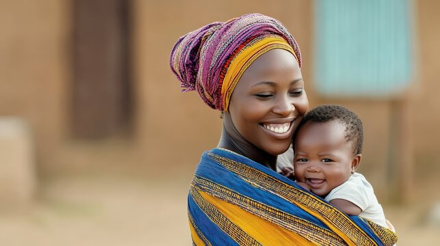 An African mother carrying her baby on her back with a colorful wrap, traditional and nurturing moment