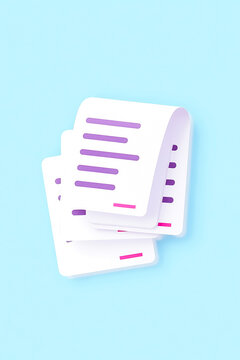 three white documents with purple lines neatly stacked on a blue background