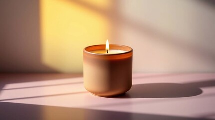 A minimalist shot of a luxury soy wax candle in a matte ceramic holder with a wooden lid. 