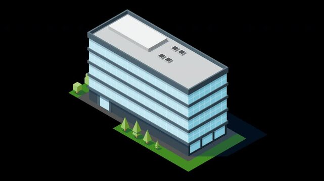 Isometric city building animation. Isometric modern building. Skyscraper building or business office. Motion graphic. Transparent background with alpha channel