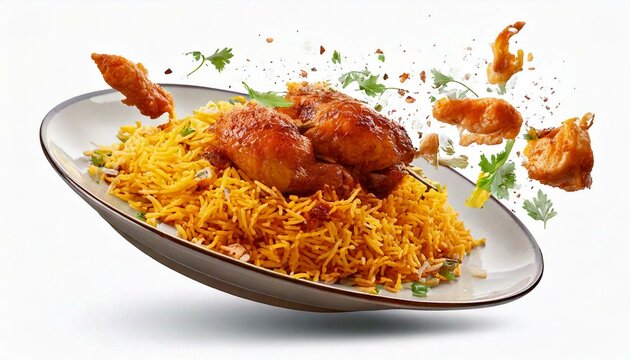 a plate full of mandhi fried chicken flying in the air   "ai generated"
