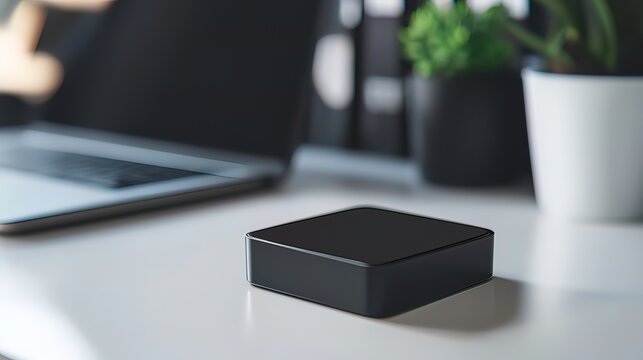 Black square device on a white desk near a laptop and plants.