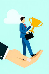 confident businessman holding trophy symbolizing success and support