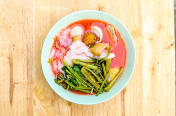 Yentafo Thai soup Noodle With Pink Sauce, Tofu and Fish Ball