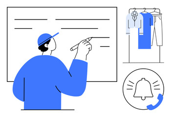Man writing on a board, wardrobe with hanging clothes, phone notification bell icon. Ideal for education, organization, productivity, reminder, retail planning personal management. Line metaphor
