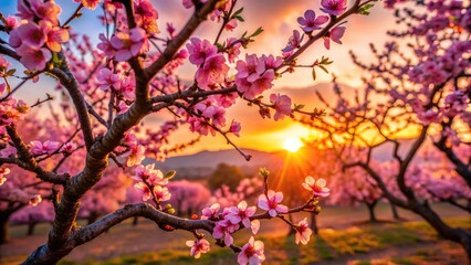 Silhouetted almond trees bloom pink against a vibrant springtime sunset.