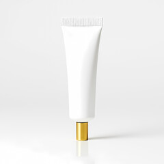 white cosmetic tube with gold cap on white background