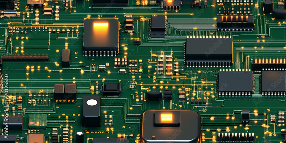 Aufkleber electronic circuit board showing data flowing with orange lights