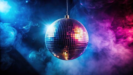 Obraz premium Silhouetted figures revel under a smoky disco ball's glow; vintage nightlife's shadowy charm.