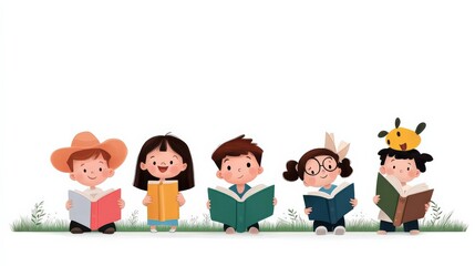 Group of kids in a reading club, each holding different types of books, joyful flat vector style