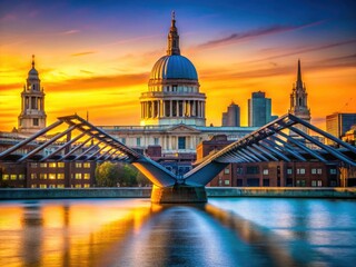 Obraz premium Silhouetted St. Paul's and the Millennium Bridge; a breathtaking London sunset photography opportunity.