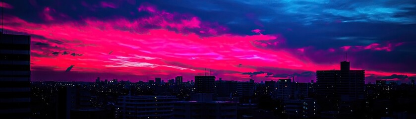 Obraz premium Pink sunset cityscape; city skyline at dusk