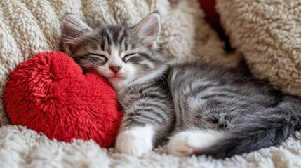 Adorable kitten sleeping cozy with red heart pillow. The 14th of February. Happy Valentine's Day